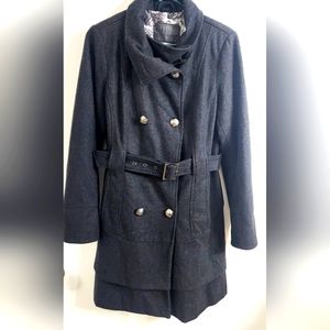Guess wool blend double breastfed ruffled pea coat